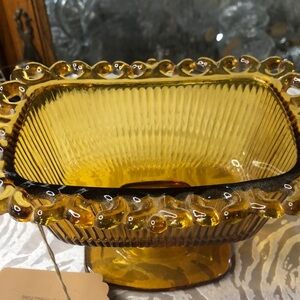 Vintage Indian glass, place edge, amber candy dish, 4 1/2 inches tall